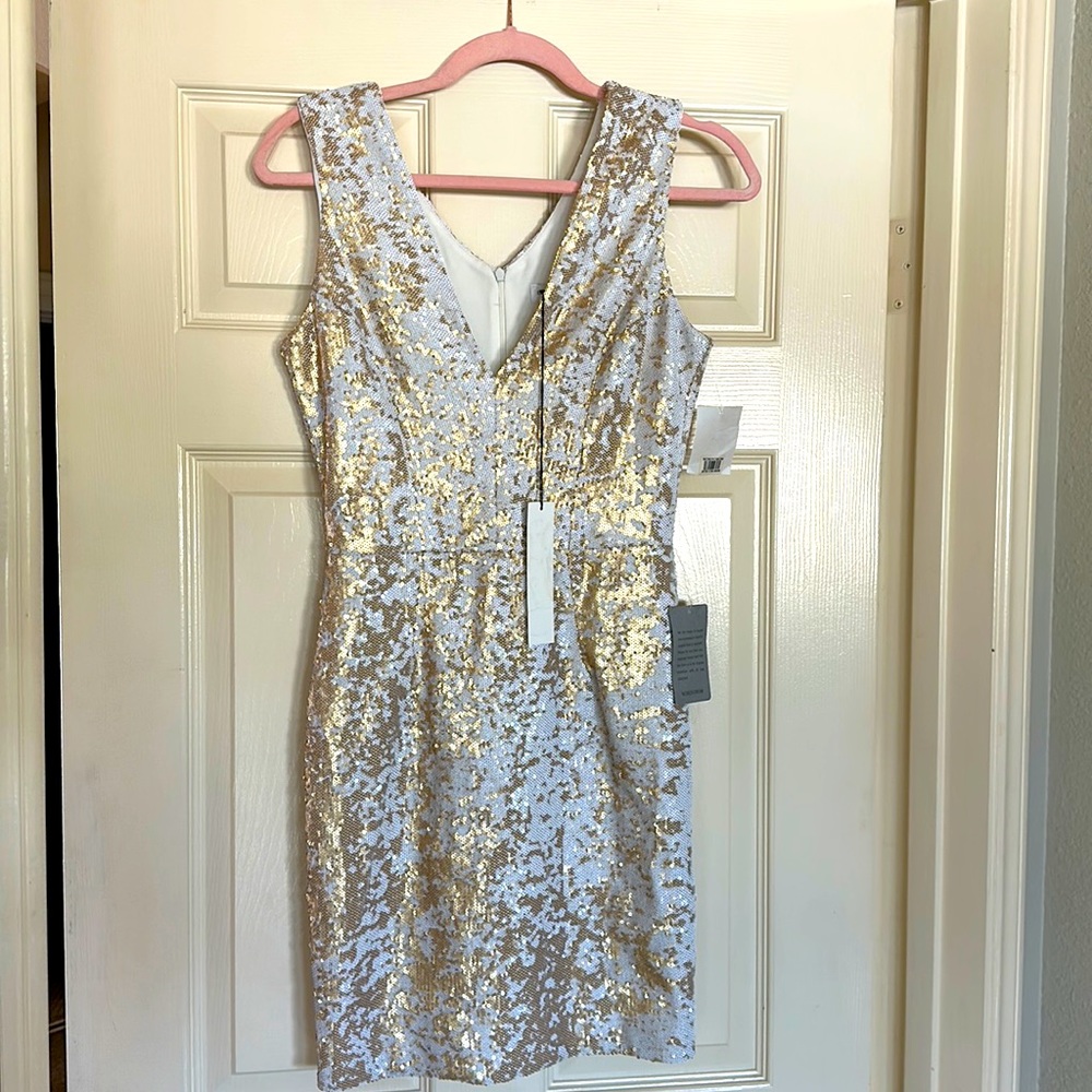 Dress the Population white and gold sequin dress